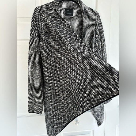 Zara Knit Open Front Cardigan Waterfall Black White Sweater Top Women’s Small - Picture 6 of 9
